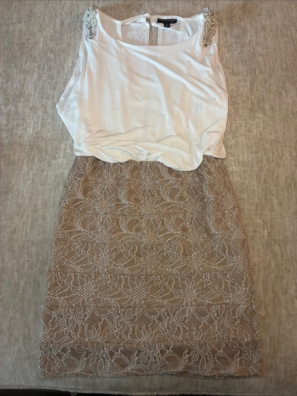 City Triangles White Top with Beige Lace Pencil Skirt‎